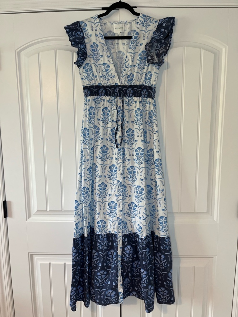 Blue Floral Boho Cotton Maxi Dress Size Medium Ruffle Spring Summer Coquette